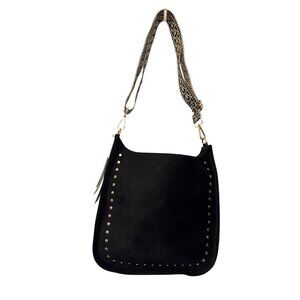 Ah.Dorned Black Suede Studded Messenger Bag With Adjustable Strap, Magnetic Snap